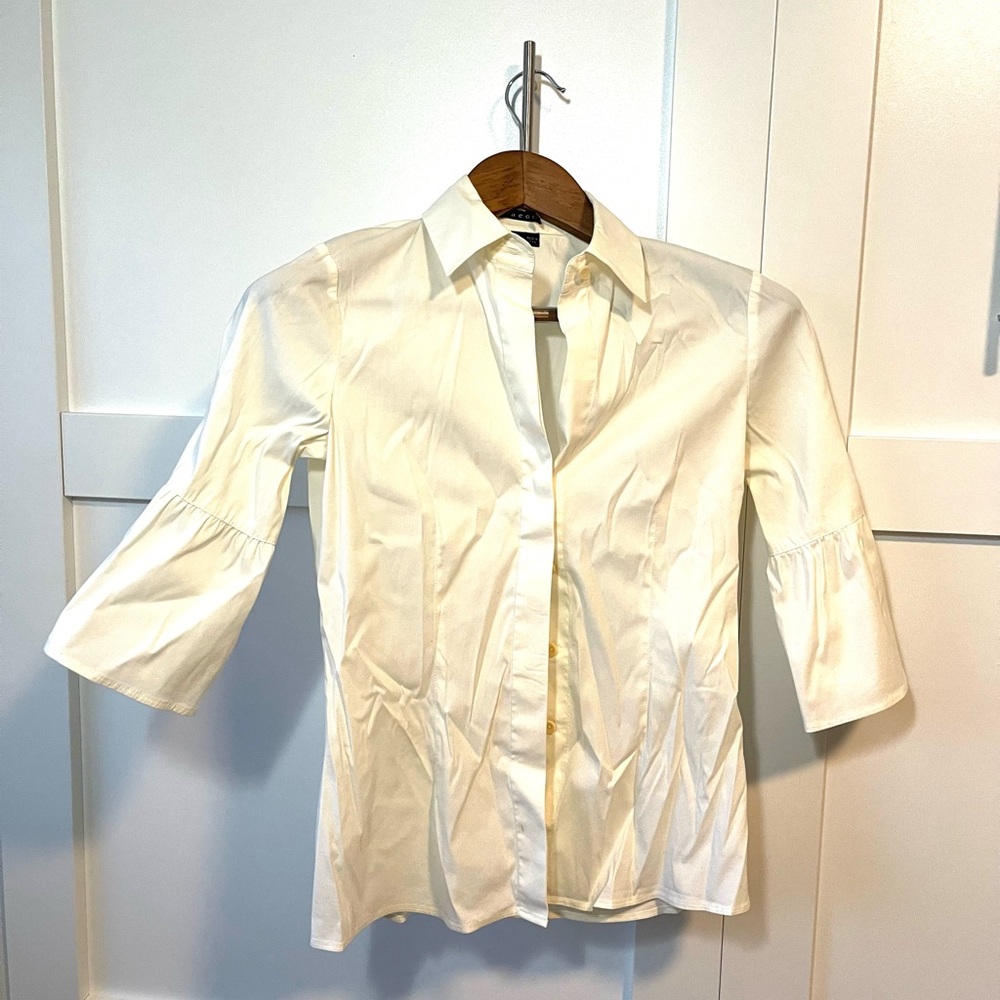 Theory button down white blouse 3/4 flare sleeve